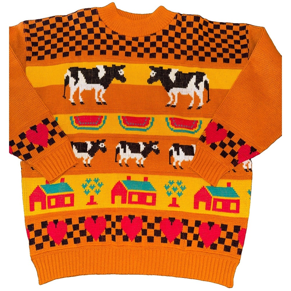 Vintage Private Eyes Novelty Farm Theme Sweater Women's Size Large 80's Cow Fall